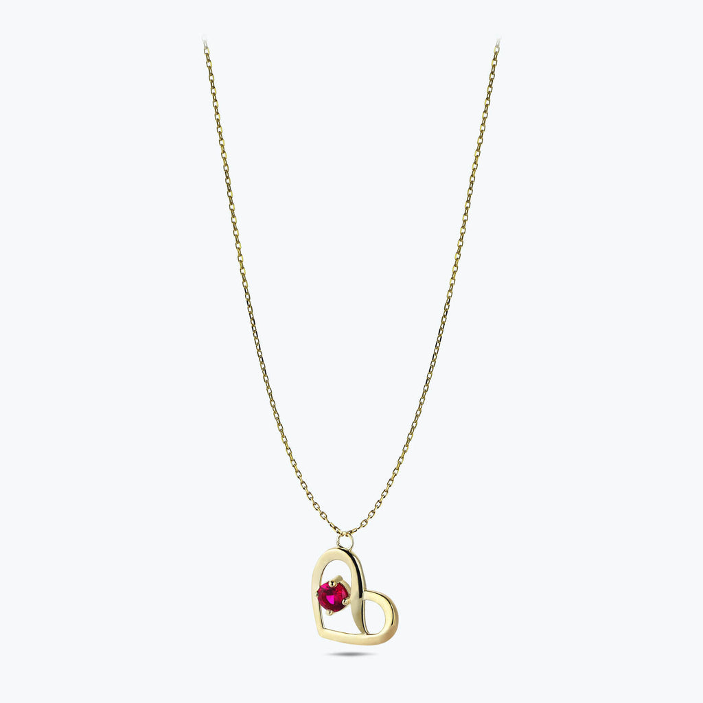 Heart Gold Necklace with red Stone